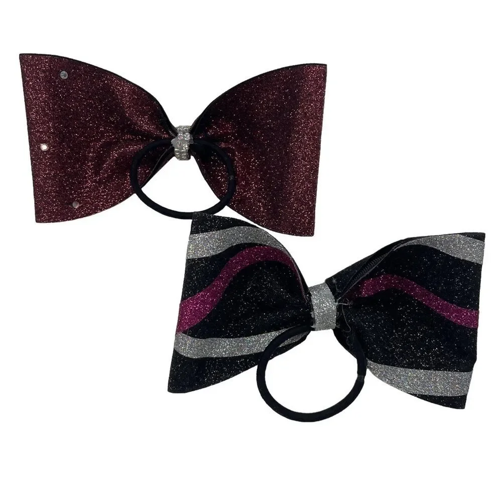 Cheer Hair Bows Set of 2 Elastic Band Burgundy Black Pink Silver Girl's Small